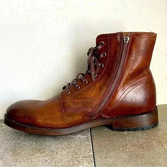 NEW FRYE Bowery Lace Up Side Zip Brown Cognac Leather Boot Men’s Size 10D - Picture 4 of 10